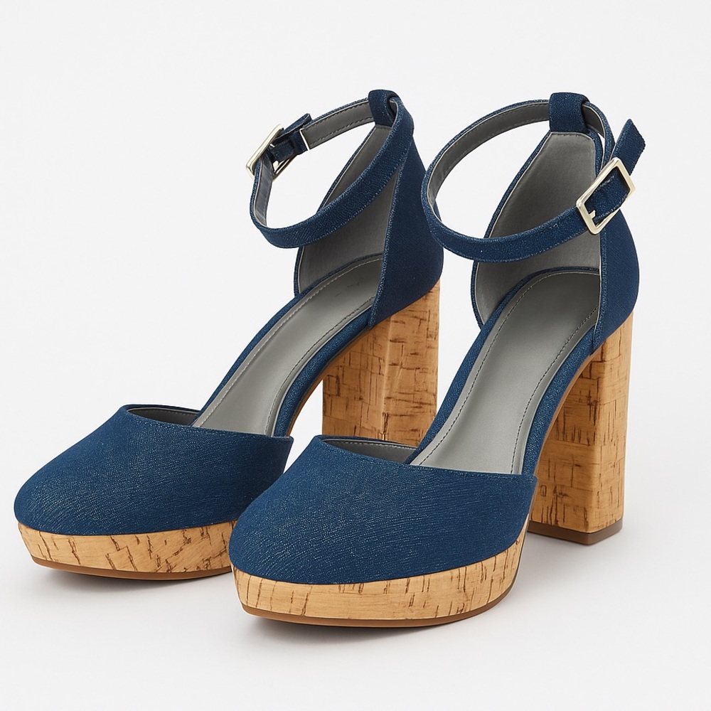 Worthington Denim & Cork Block Heel Pumps | Size 9.5
